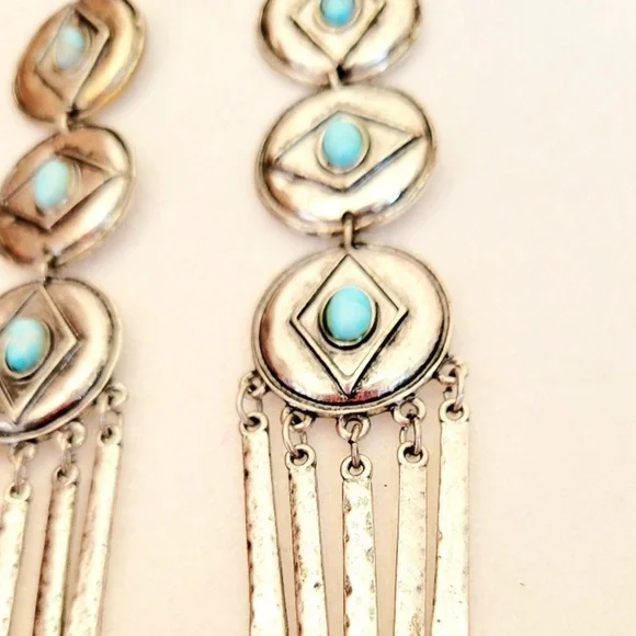 The 2Bandits Stainless Steel And Turquoise Howlite Concho Feather Drop Earring - Picture 2 of 7